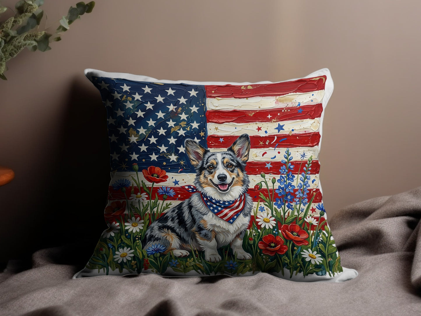 Corgi wearing a bandana sits in a field of flowers with an American flag background.