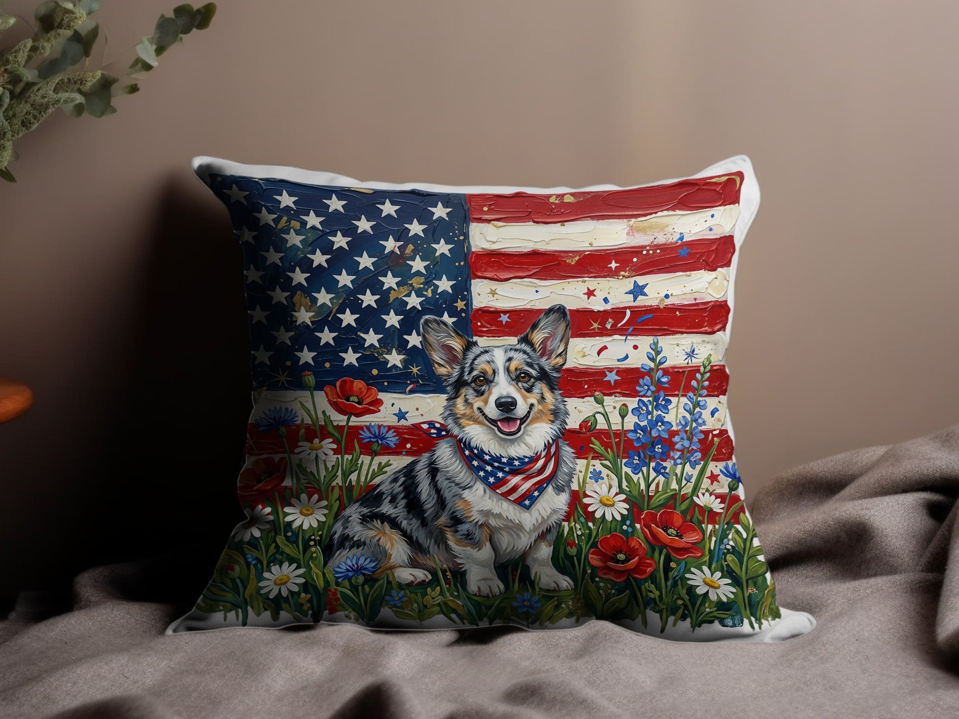 Corgi wearing a bandana sits in a field of flowers with an American flag background.