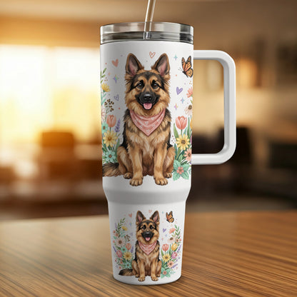 German Shepherd with bandana on floral tumbler, 30 oz.