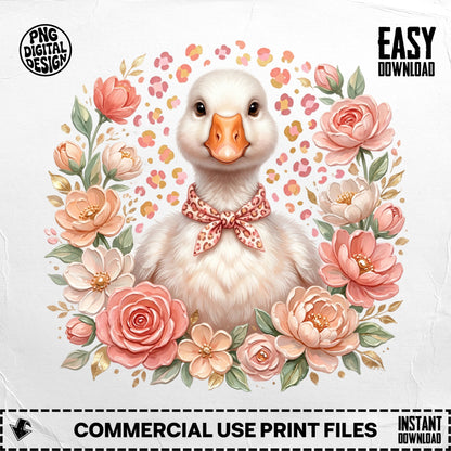 Cute cartoon duck with pink bow, surrounded by floral wreath.
