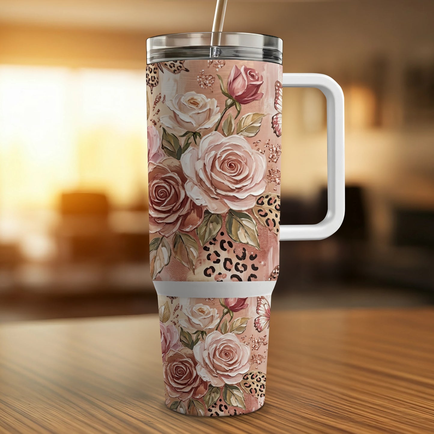 Floral and leopard print tumbler with handle and straw.