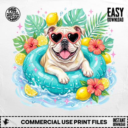 Bulldog in sunglasses floats in inner tube surrounded by tropical flowers and lemons.