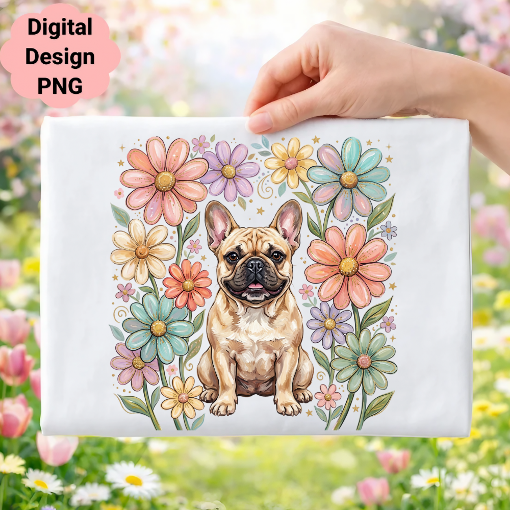 French bulldog surrounded by colorful cartoon flowers.