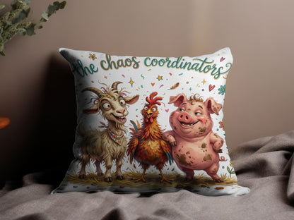 Three cartoon farm animals: goat, chicken, and pig, with text "the chaos coordinators".