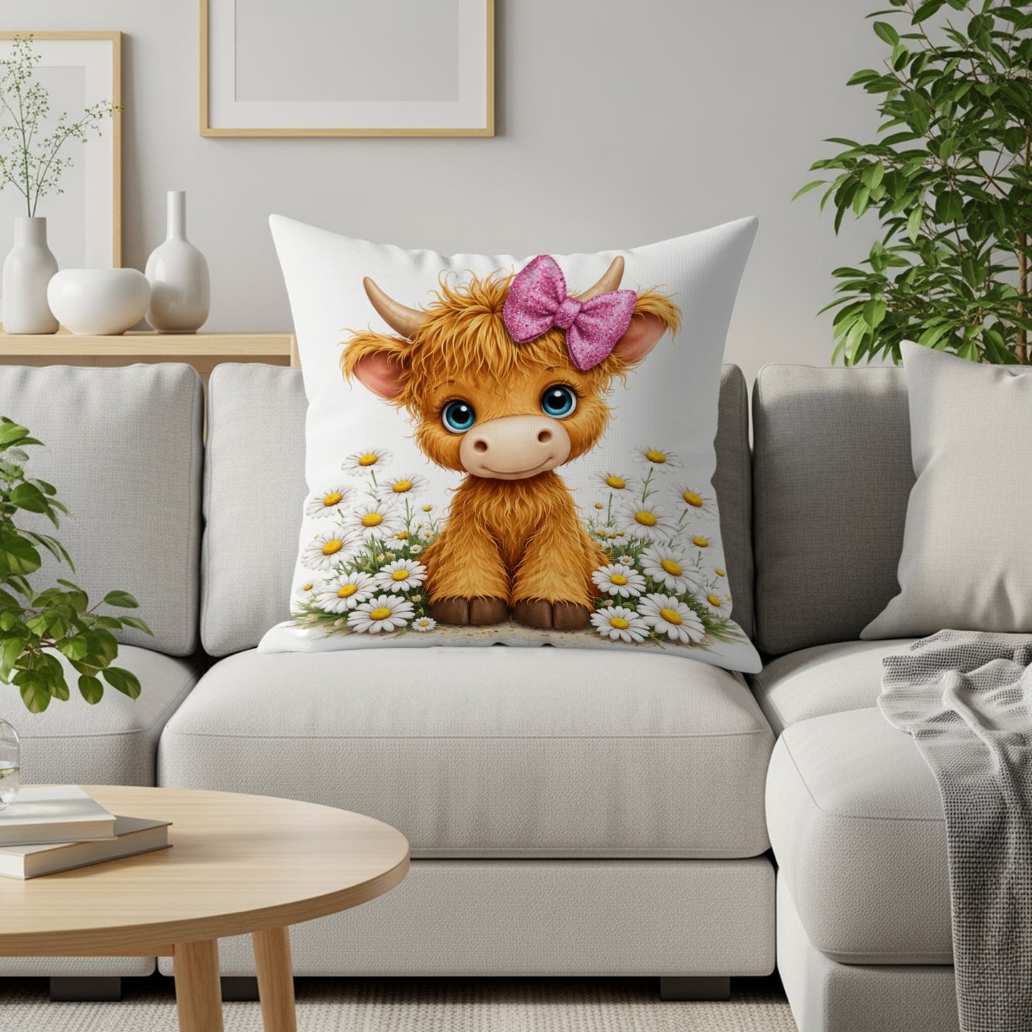 Cute cow with pink bow sitting among daisies on a white couch.