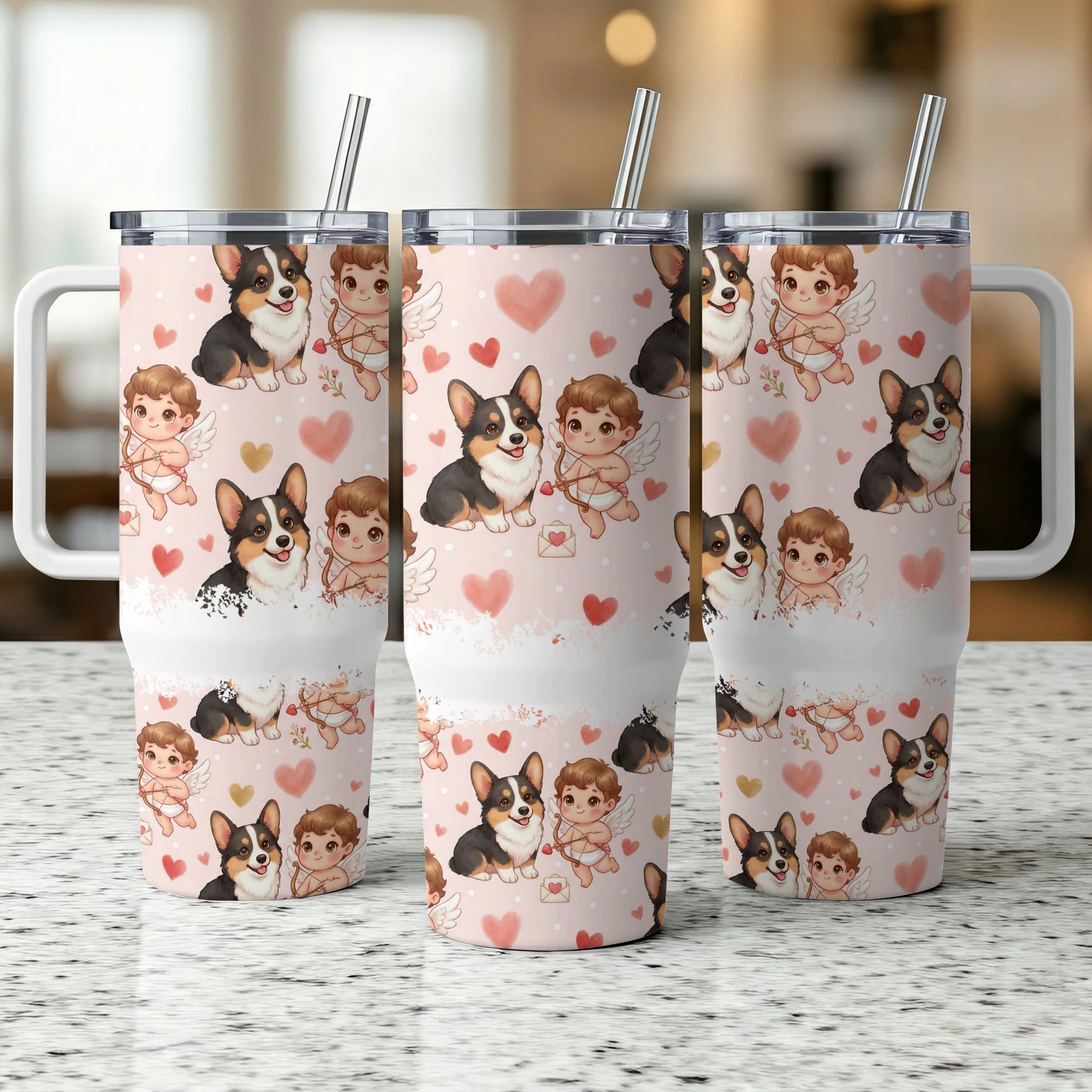 Three tumblers with a Corgi and cupid design, pink hearts, and white speckled background.