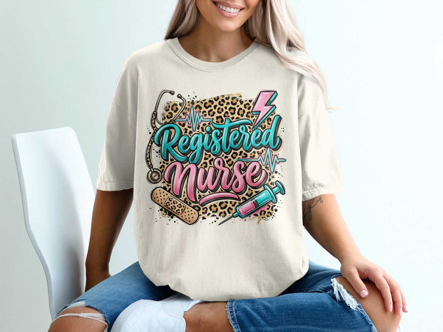 Registered Nurse text with stethoscope, syringe, lightning bolt, and leopard print.