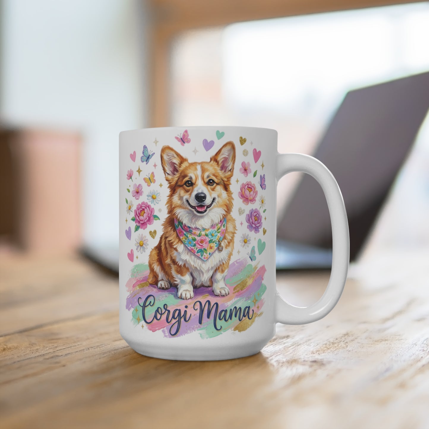 White mug with "Corgi Mama" text and a smiling corgi wearing a bandana.