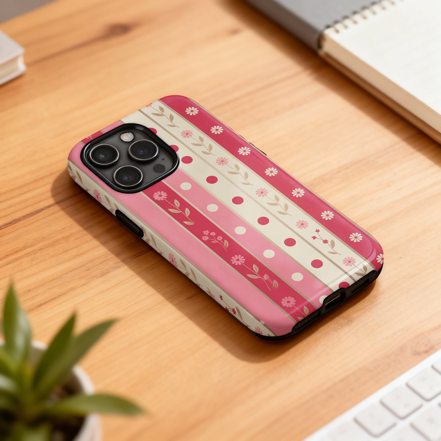 Pink floral striped iPhone case with decorative elements.