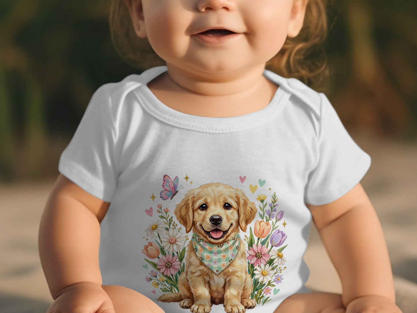 Baby wearing white onesie with a golden retriever and floral design.