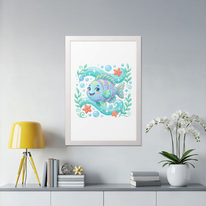 Cartoon blue and purple fish with bubbles and starfish in a frame.