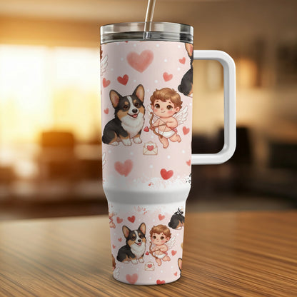 Pink tumbler with corgis, cupids, and hearts pattern.