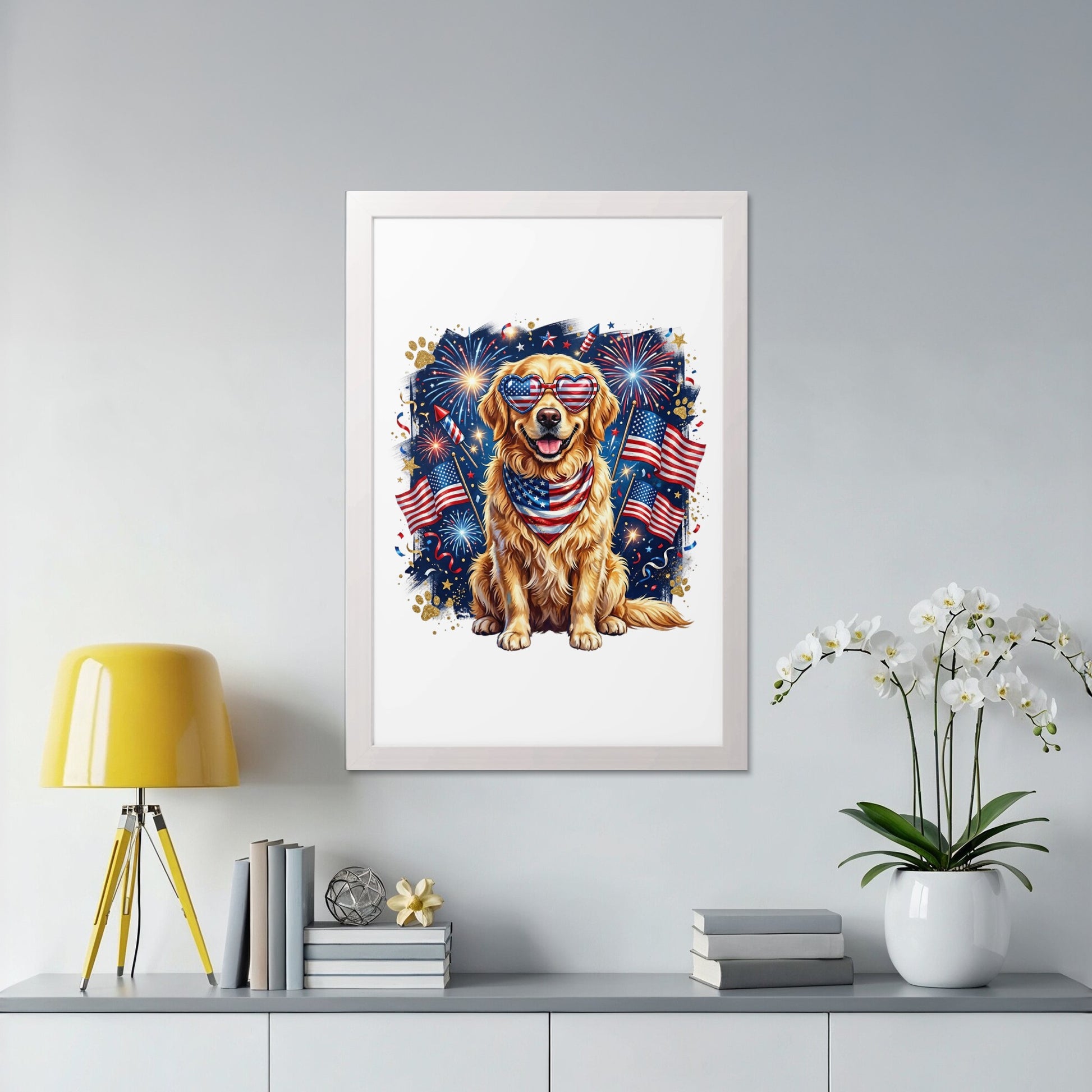 Golden retriever wearing American flag bandana, heart sunglasses, with fireworks and flags.