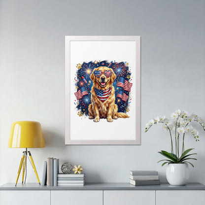 Golden retriever wearing American flag bandana, heart sunglasses, with fireworks and flags.