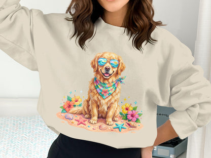 Golden retriever wearing sunglasses and bandana on a beach with seashells.