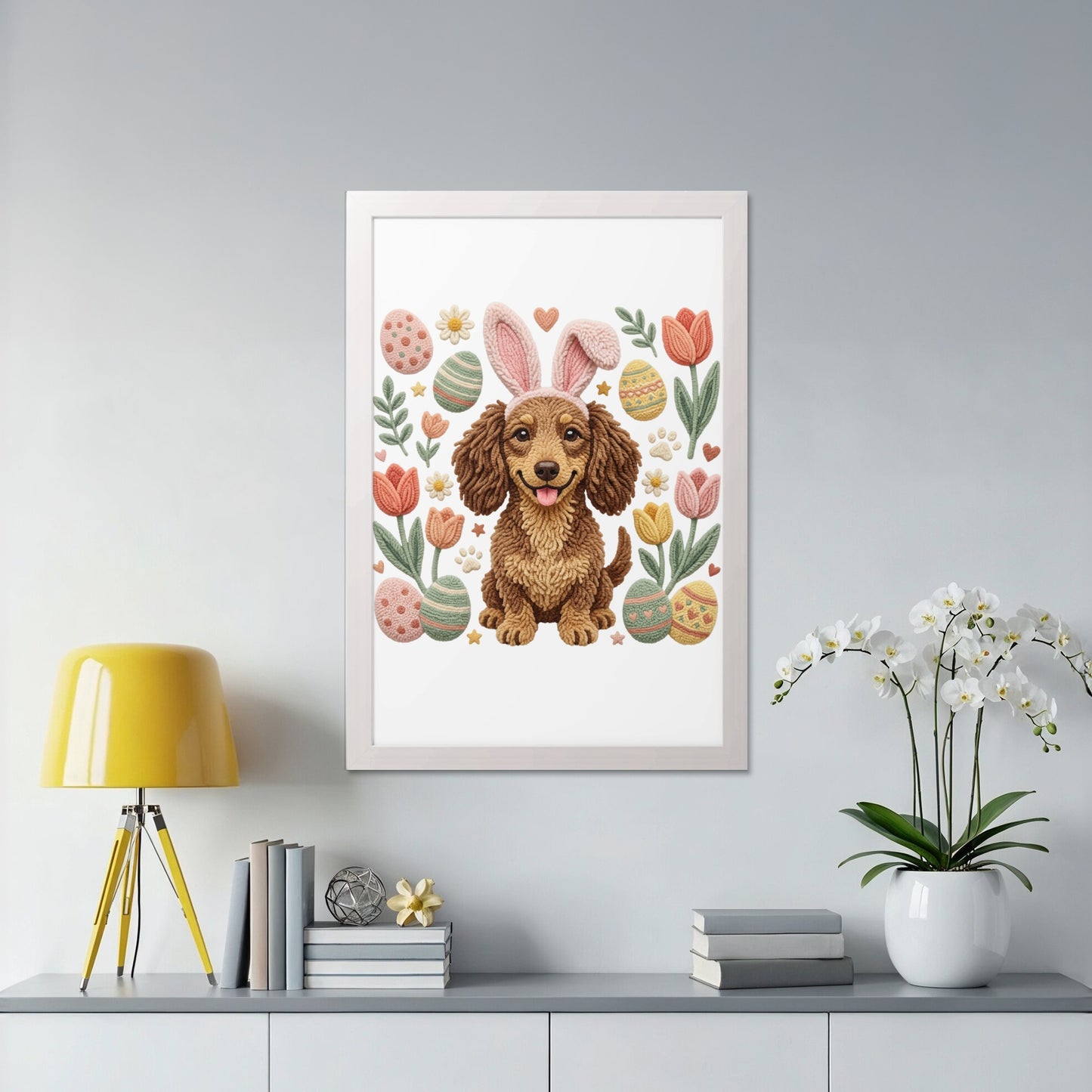 Dachshund with bunny ears surrounded by Easter eggs and flowers.