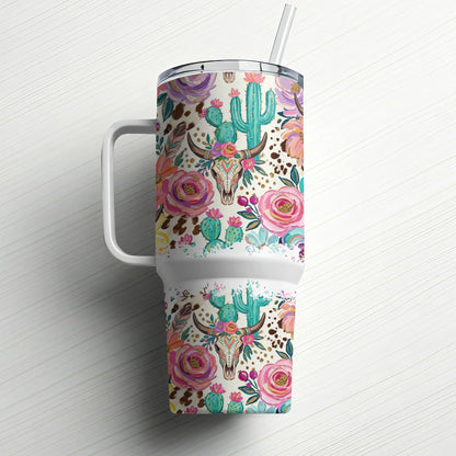 Floral skull and cactus tumbler with handle and straw.