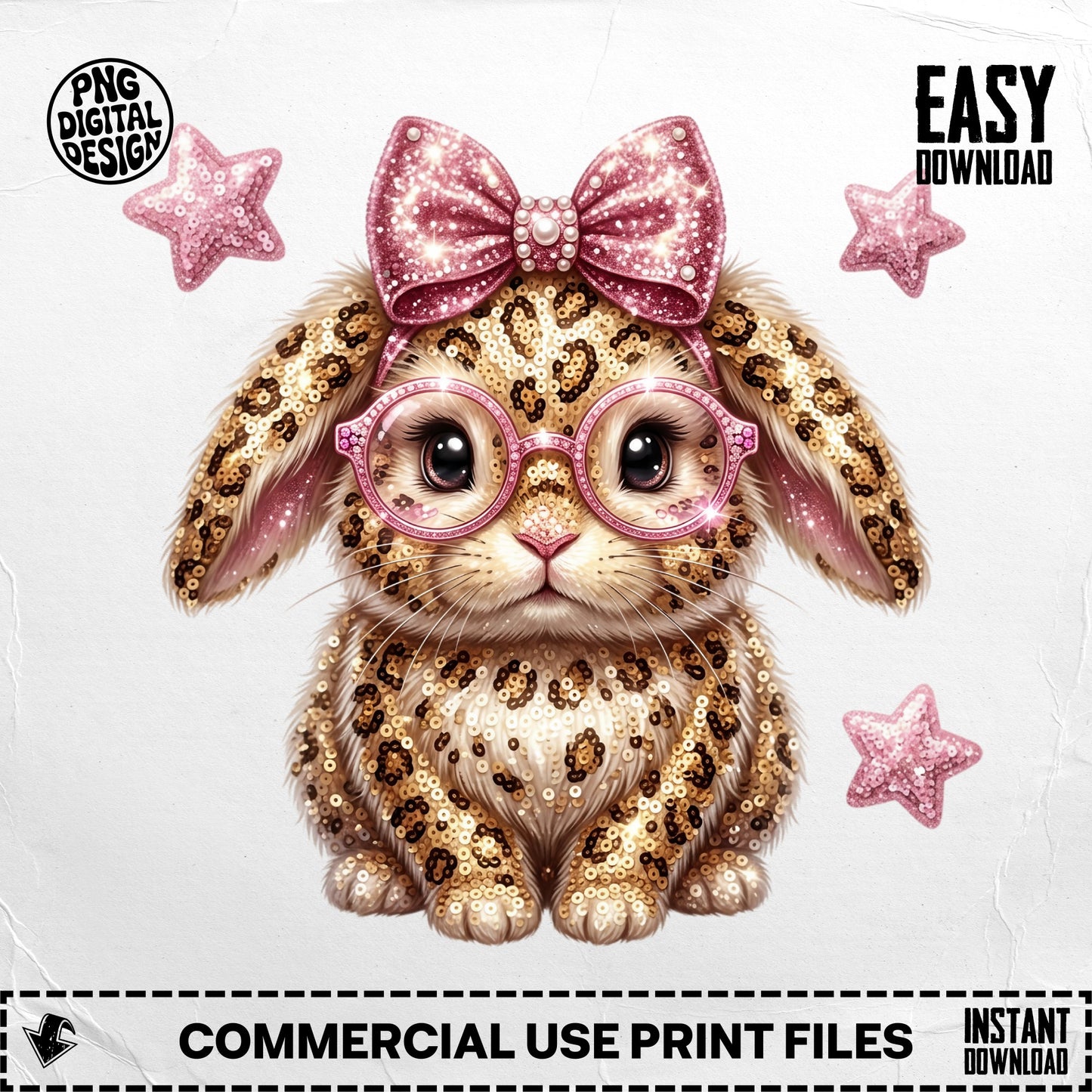 Leopard print bunny with glasses and pink bow, surrounded by stars.