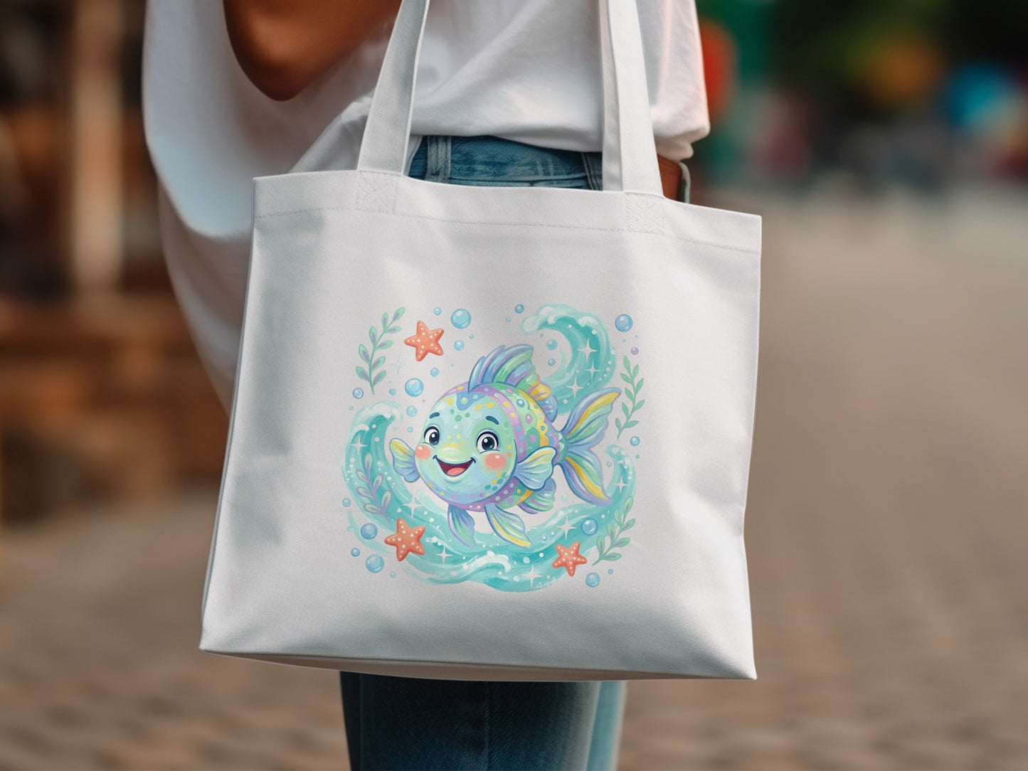 Cartoon fish with stars and bubbles on a white tote bag.