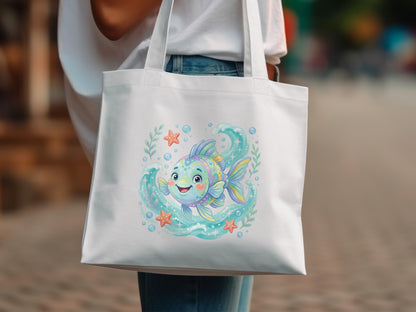 Cartoon fish with stars and bubbles on a white tote bag.