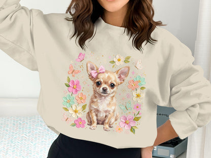 Cream sweatshirt with a chihuahua wearing a pink bow surrounded by flowers.