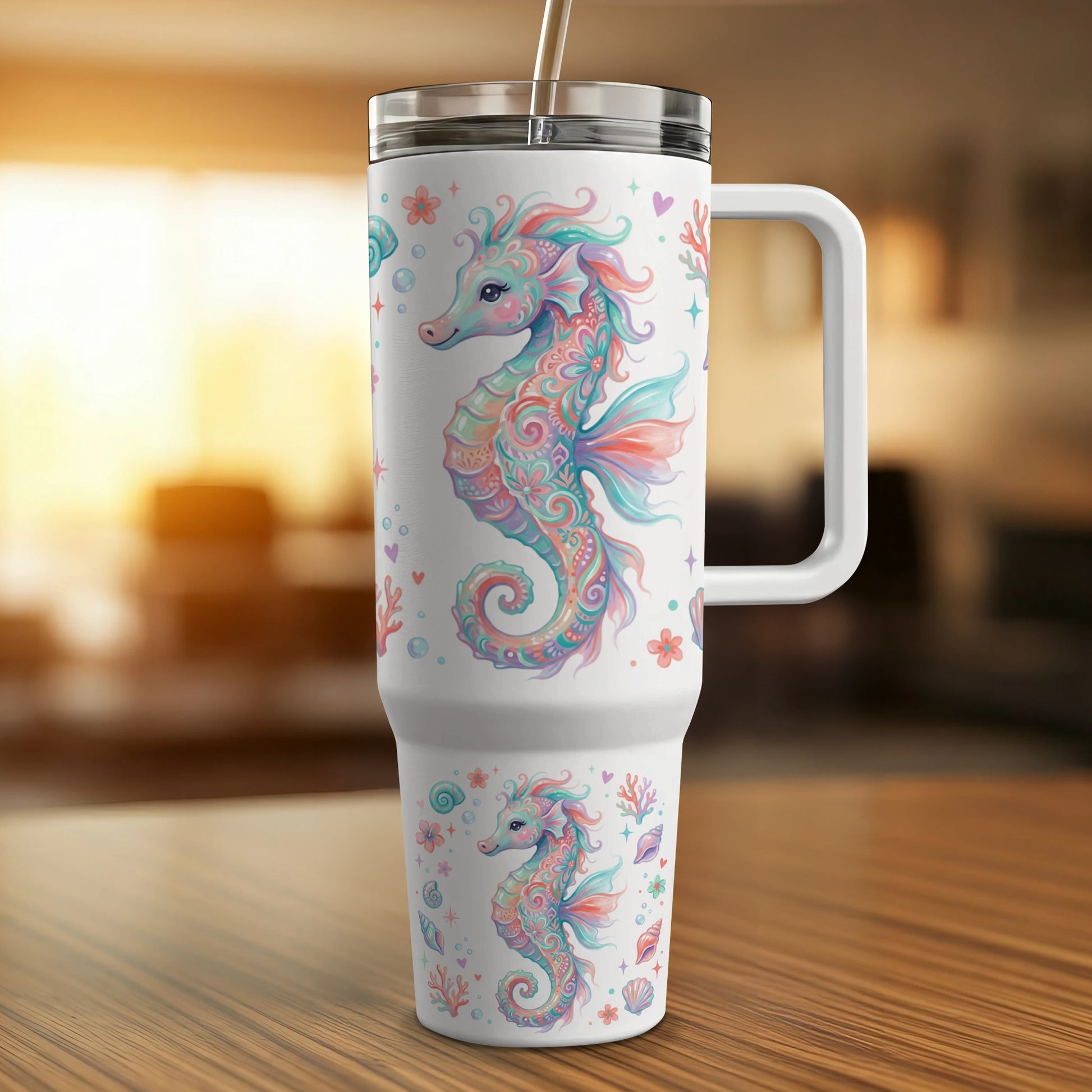 White tumbler with colorful seahorse and coral pattern.