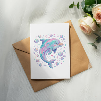 Whimsical dolphin illustration with bubbles and seashells on a card.