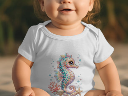 Baby wearing white bodysuit with colorful seahorse, coral, and starfish design.