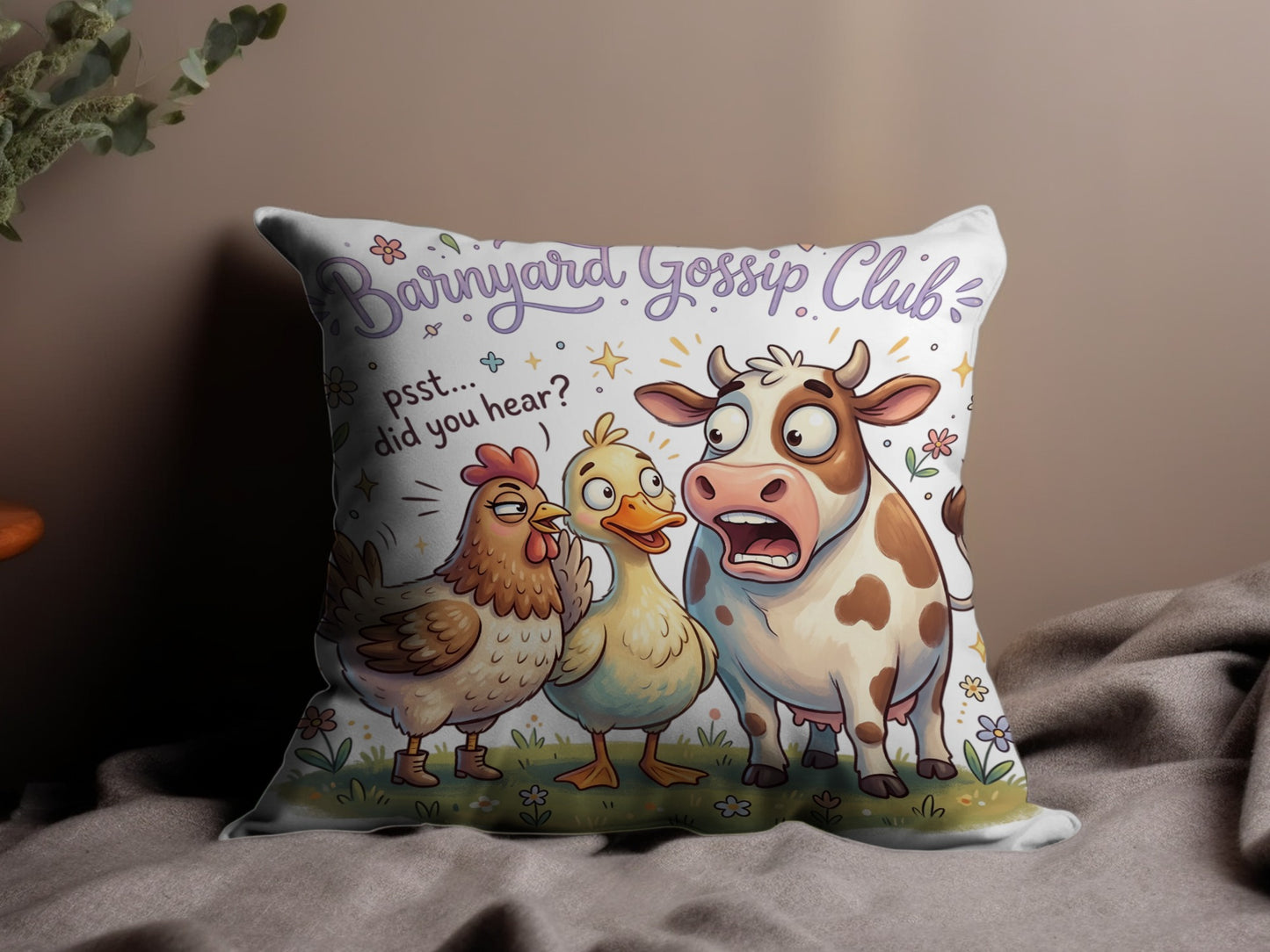 Barnyard Gossip Club pillow with cow and chickens discussing secrets.