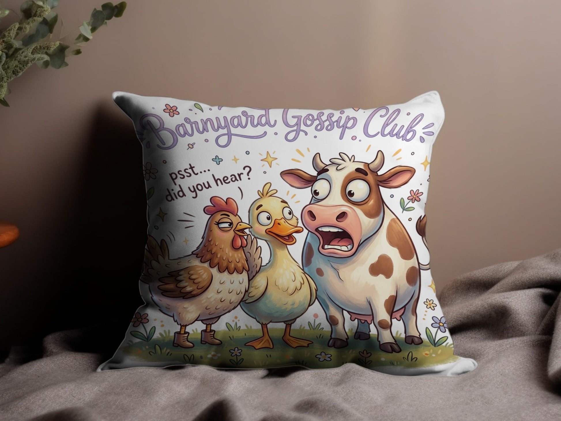 Barnyard Gossip Club pillow with cow and chickens discussing secrets.