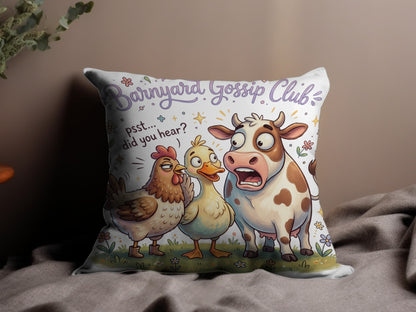 Barnyard Gossip Club pillow with cow and chickens discussing secrets.