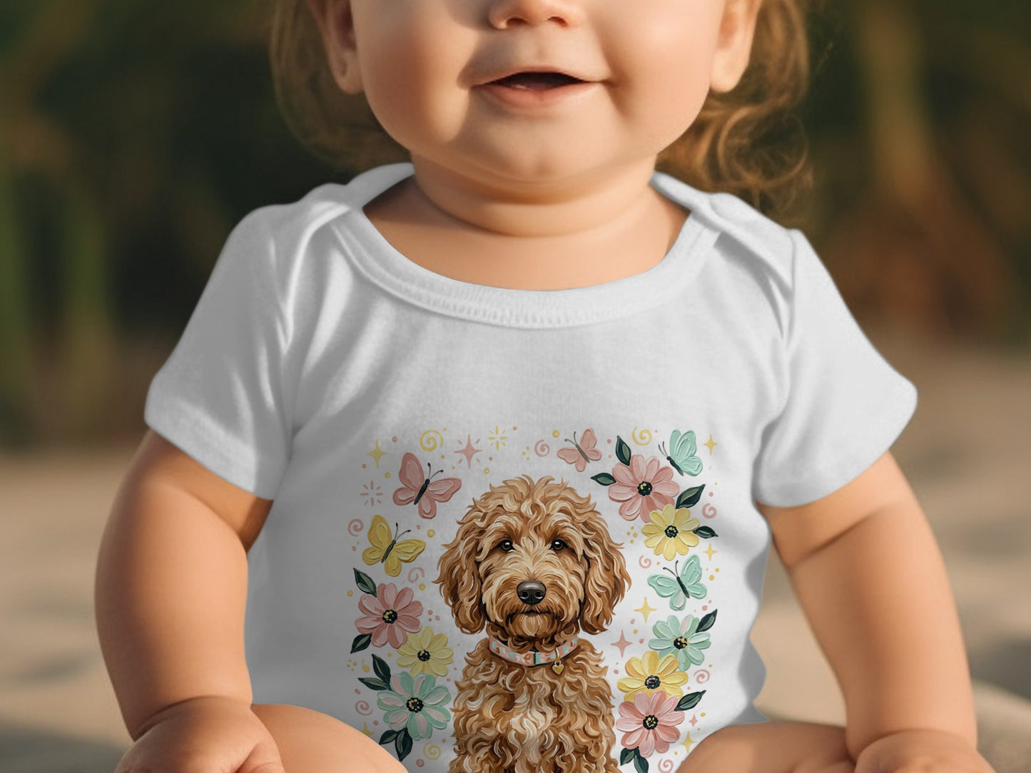 Baby in white bodysuit with dog and floral design.