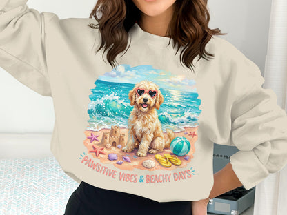 Dog in heart sunglasses on beach with "Pawsitive Vibes & Beachy Days" text.