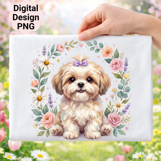 Fluffy white puppy in floral wreath with "Digital Design PNG" text.