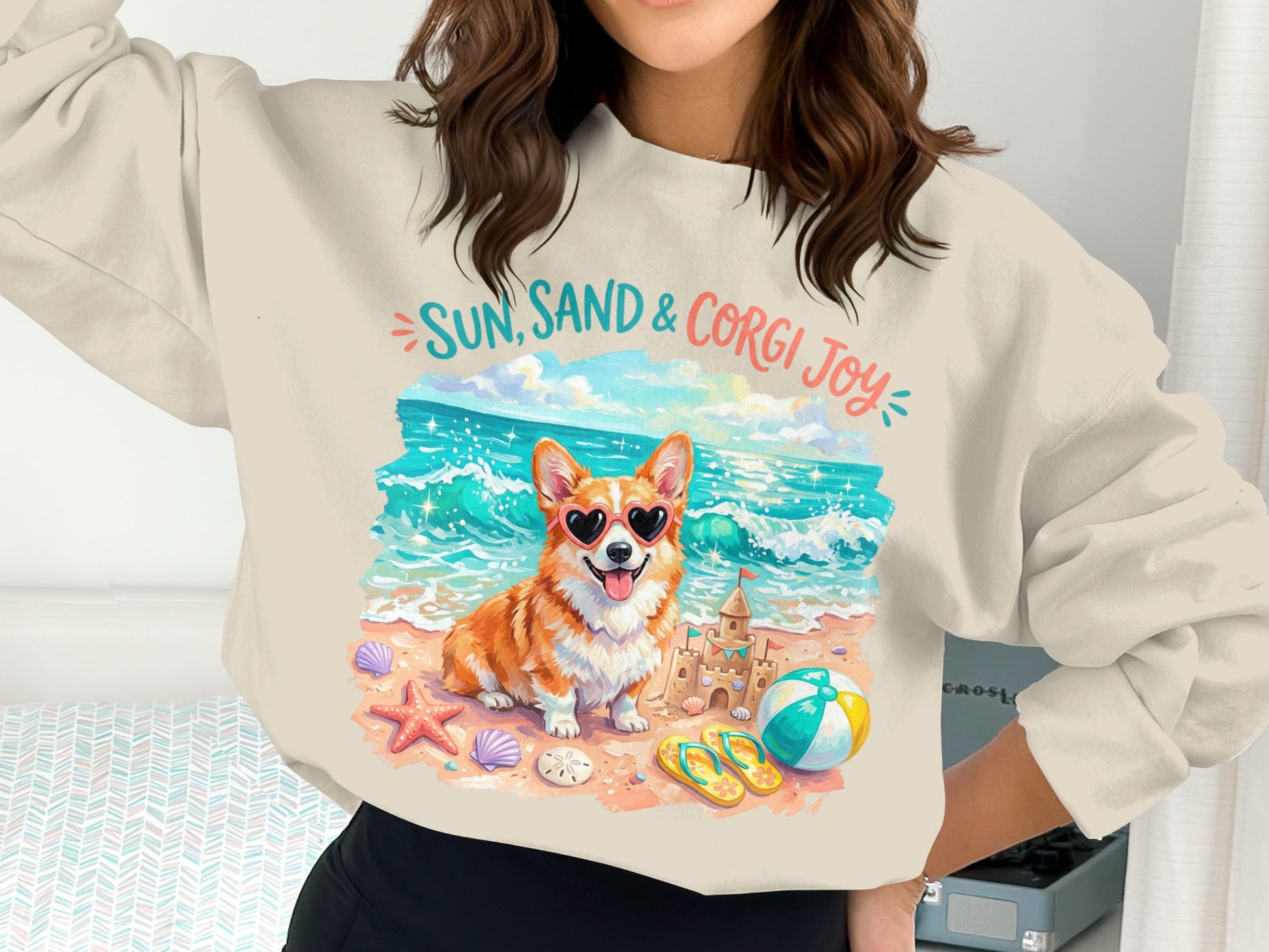 Corgi wearing heart sunglasses on a beach with "Sun, Sand & Corgi Joy" text.