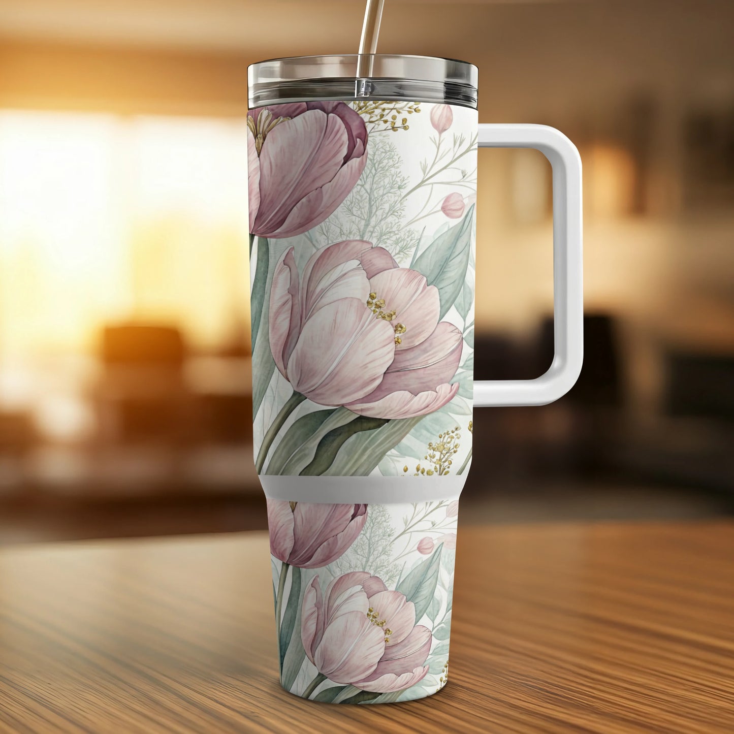 Tumbler with a pink floral pattern and a white handle.