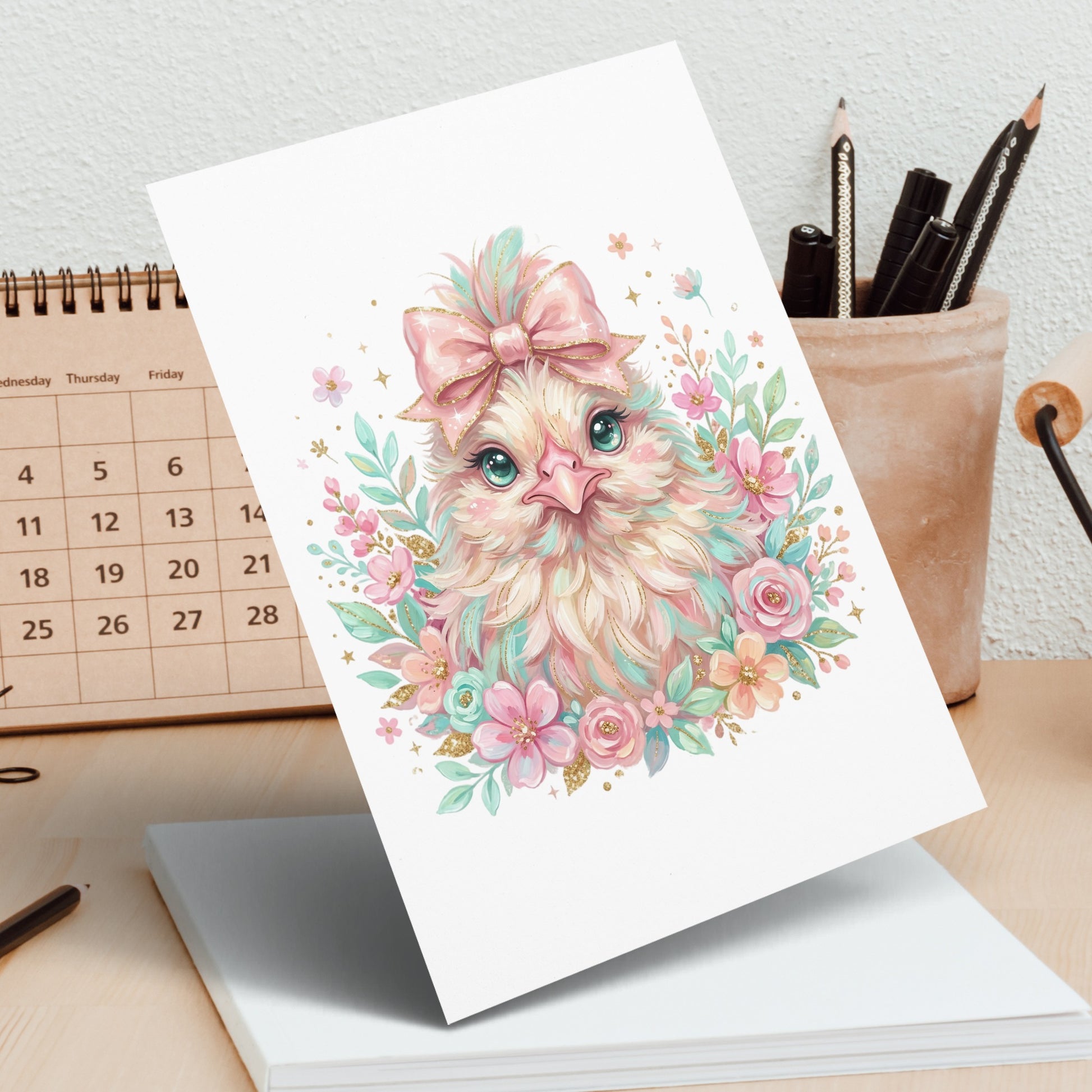 Watercolor chick with pink bow and floral accents on card.