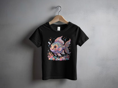 Black t-shirt with a colorful, smiling cartoon goldfish surrounded by coral.