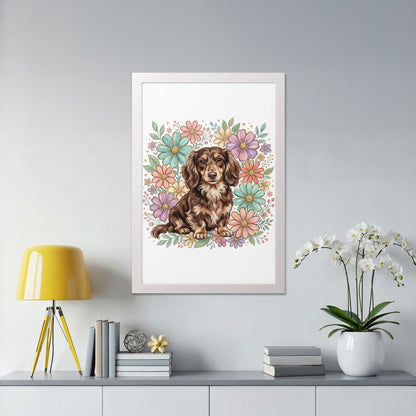 Brown dachshund sitting in front of a floral illustration in a white frame.
