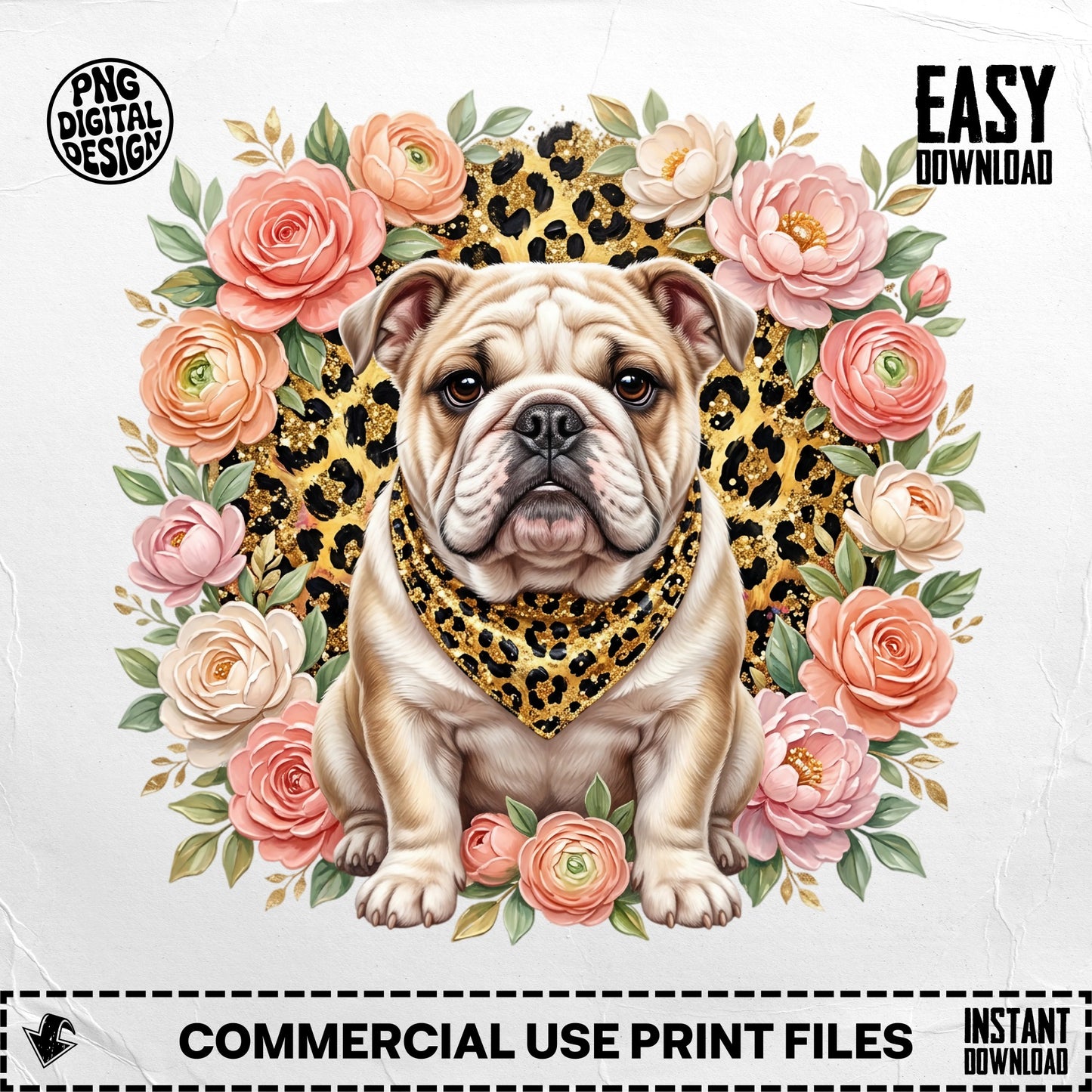 Bulldog wearing leopard bandana surrounded by pink roses.