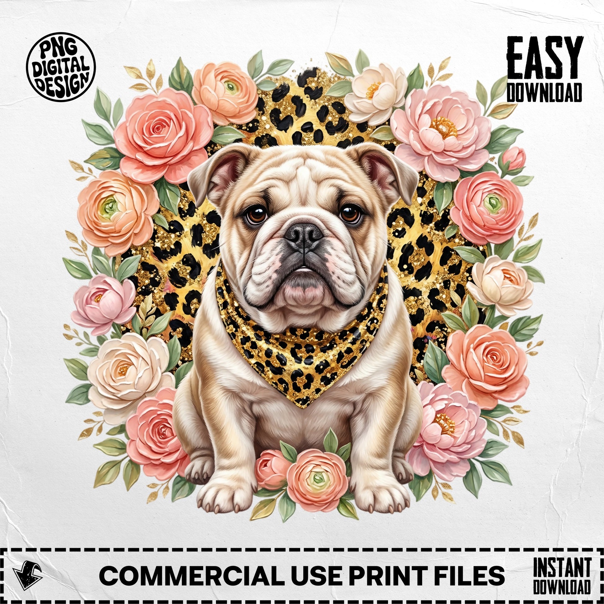 Bulldog wearing leopard bandana surrounded by pink roses.