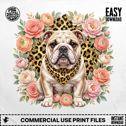Bulldog wearing leopard bandana surrounded by pink roses.