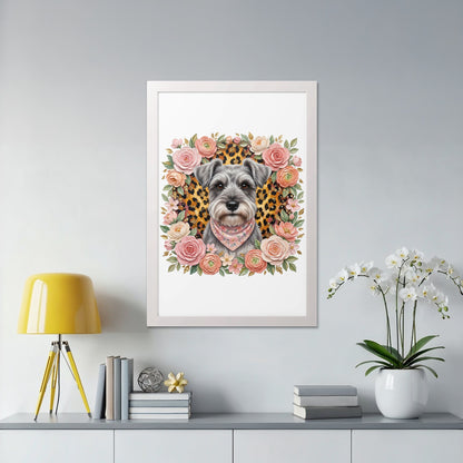 Schnauzer portrait framed by roses and leopard print.