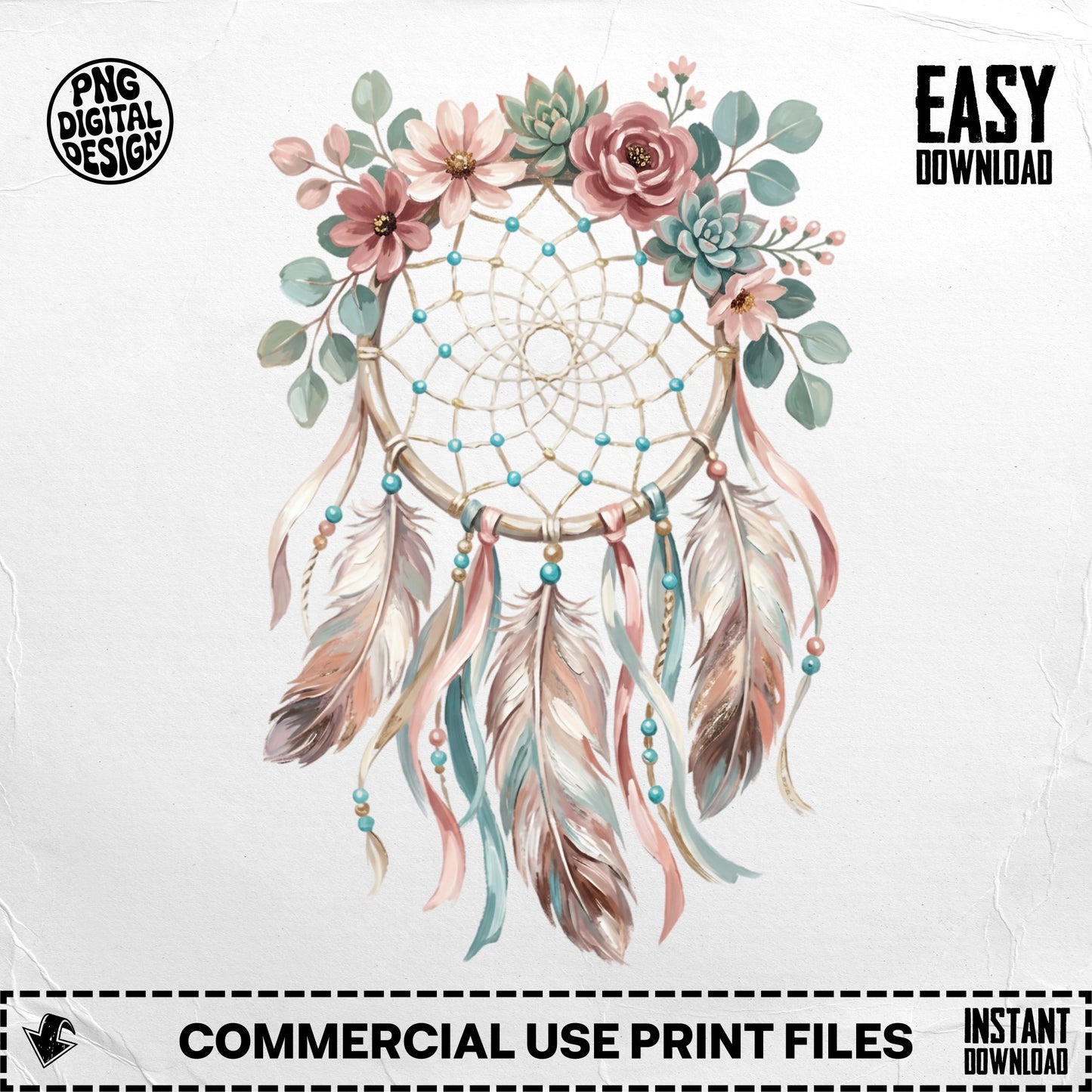 Dreamcatcher with feathers, flowers, and succulents, with "Easy Download" text.