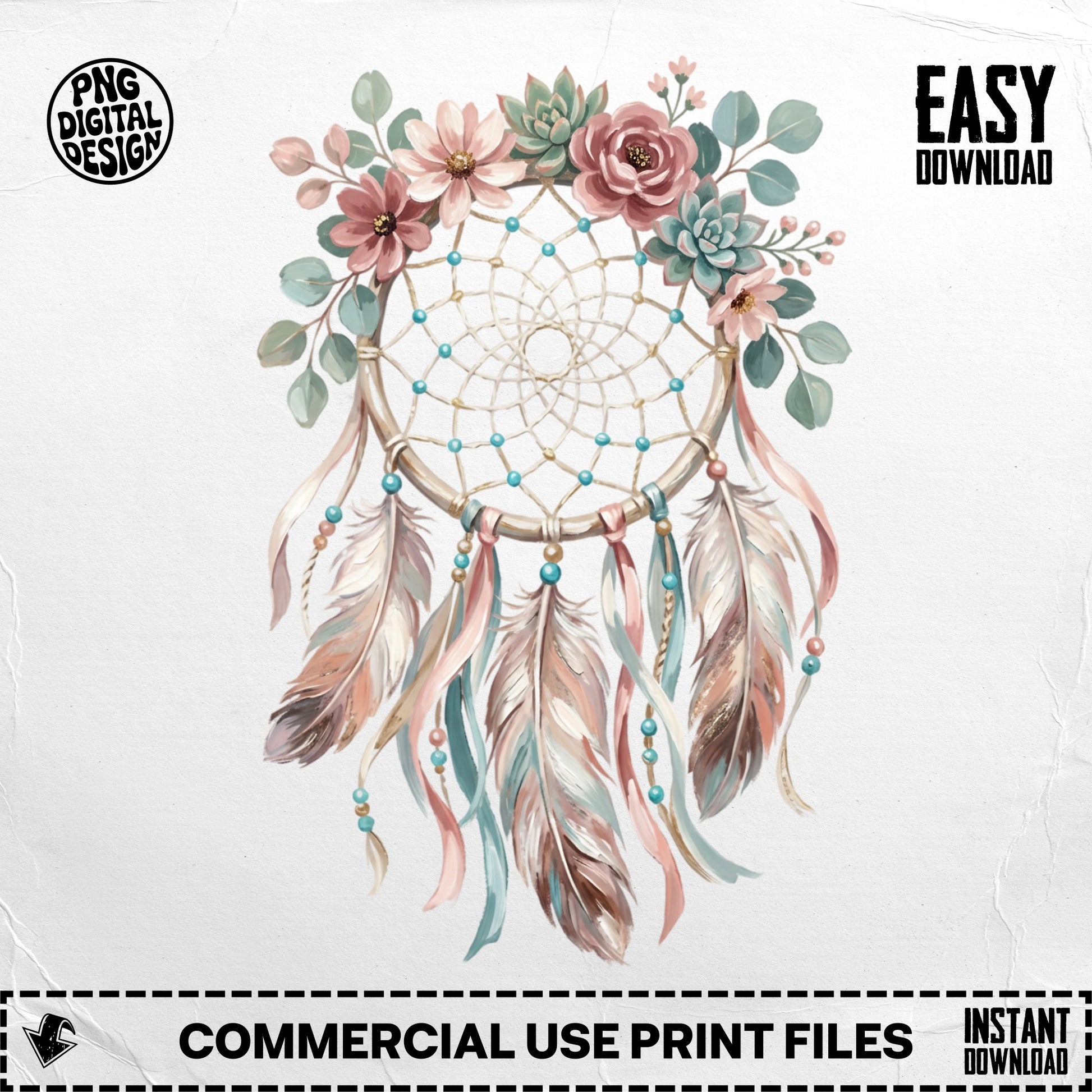 Dreamcatcher with feathers, flowers, and succulents, with "Easy Download" text.