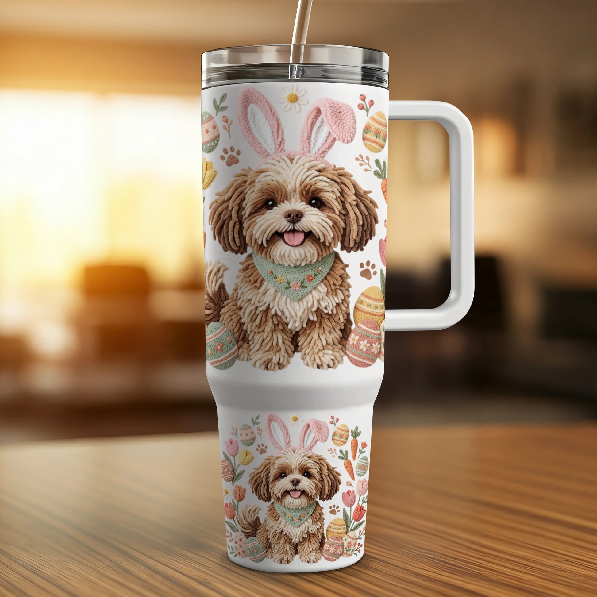 Shih Tzu dog wearing bunny ears on Easter-themed tumbler.