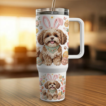 Shih Tzu dog wearing bunny ears on Easter-themed tumbler.