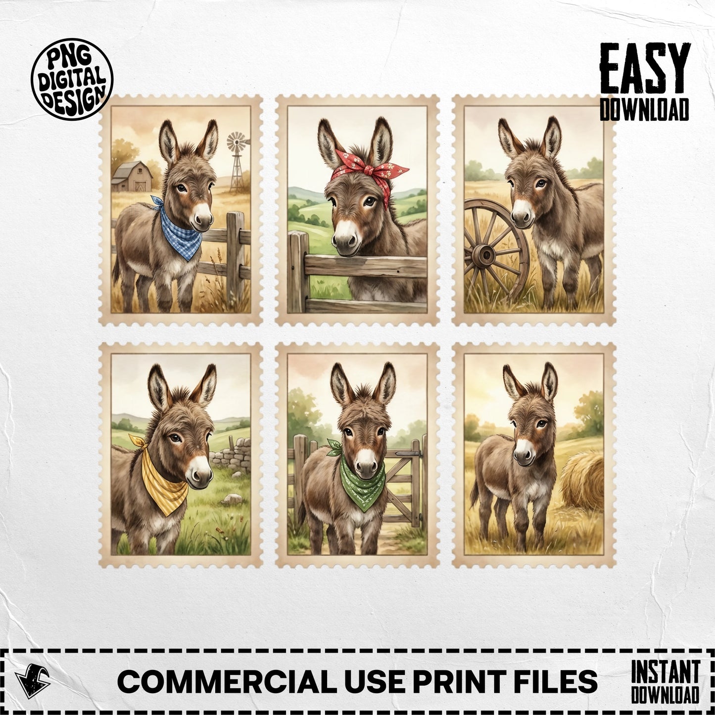 Six postage stamps featuring illustrated donkeys in farm settings.