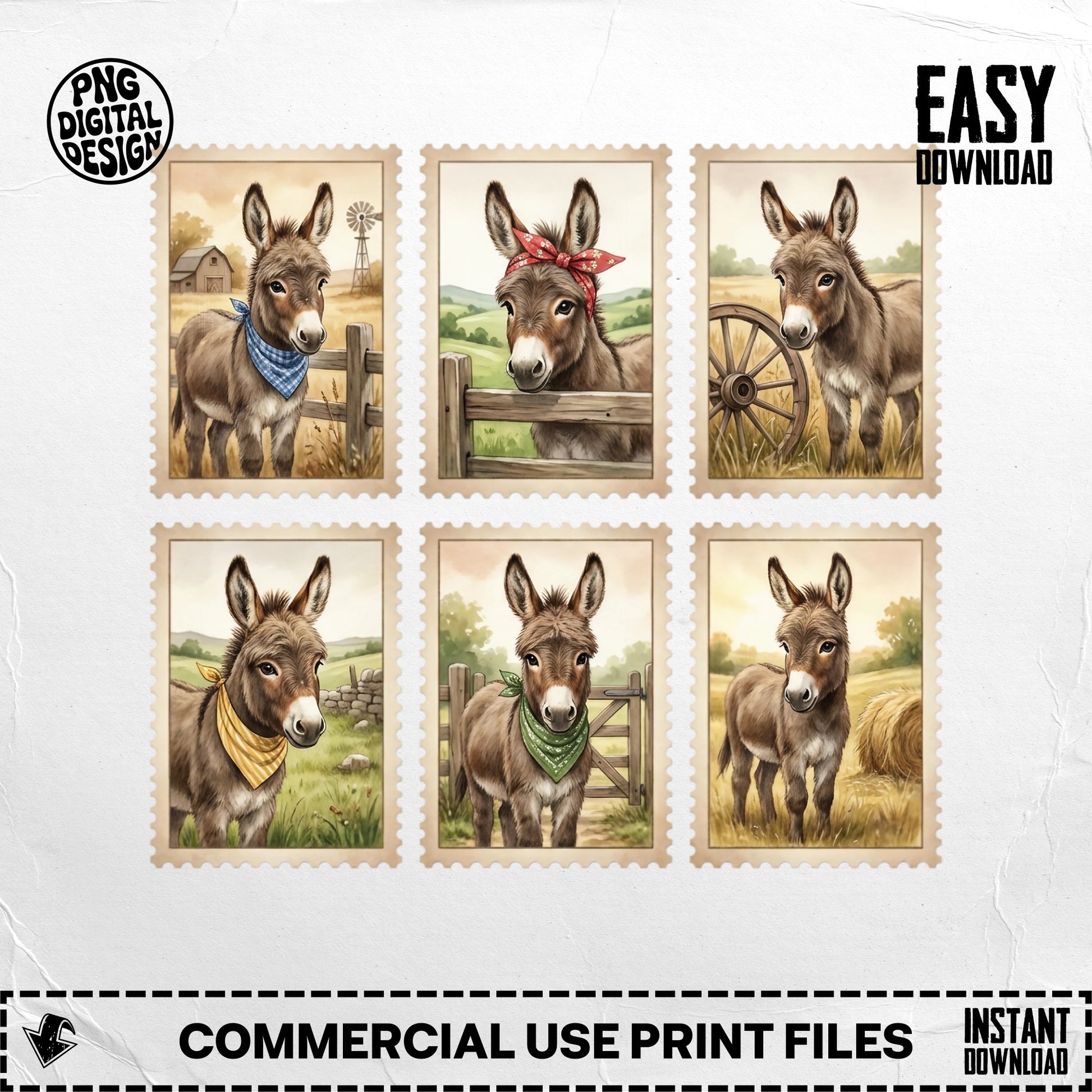 Six postage stamps featuring illustrated donkeys in farm settings.