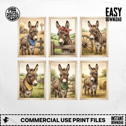 Six postage stamps featuring illustrated donkeys in farm settings.